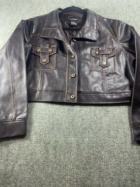 Outer Edge Women's Dark Brown Faux Leather Cropped Button Jacket